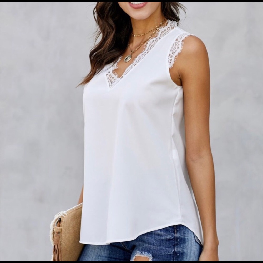 White Sleeveless Eyelash Lace V-Neck - Picture 2 of 5
